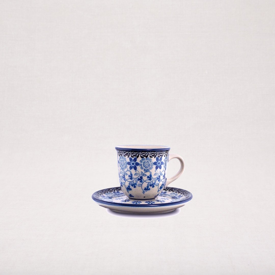 F037-MAGM Bunzlauer Keramik Espressotasse mit Untertasse blau/weiß Pünktchen 